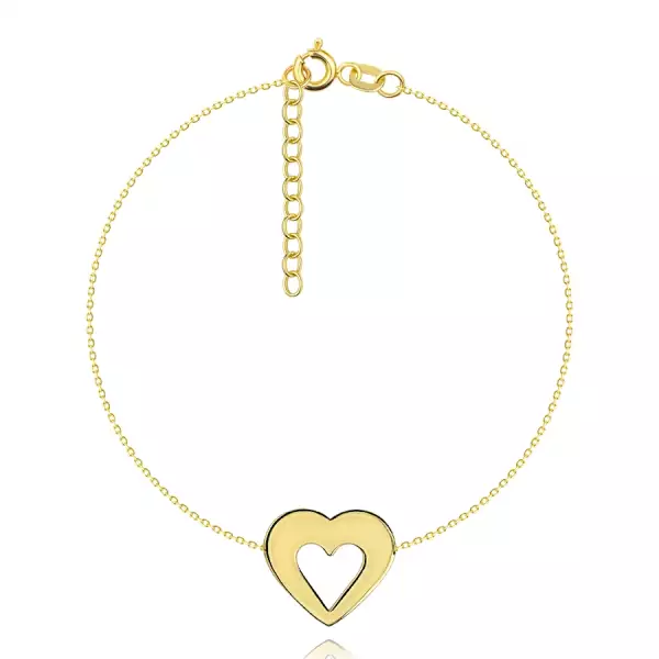 14K sárga arany karkötő - vékony lánc, lapos szív körvonal, fényes és sima felület