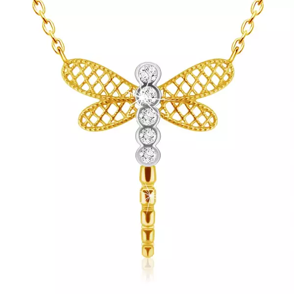 9K kombinált arany nyakék - szitakötő rácsos szárnyak,átlátszó cirkónia