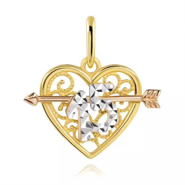 Medál kombinált aranyból szív alakban egy nyíllal – díszes 15-ös szám