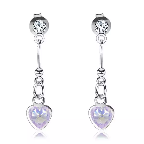 925 ezüst fülbevaló, lila cirkónia, szív, golyós szár,átlátszó Swarovski kristály.