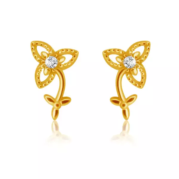 14K sárga arany fülbevaló - három szirmú virág szárral és levelekkel, átlátszó cirkóniával