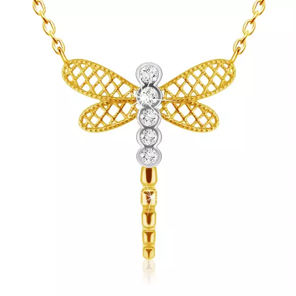 14K kombinált arany nyakék - szitakötő rácsos szárnyak, átlátszó cirkónia