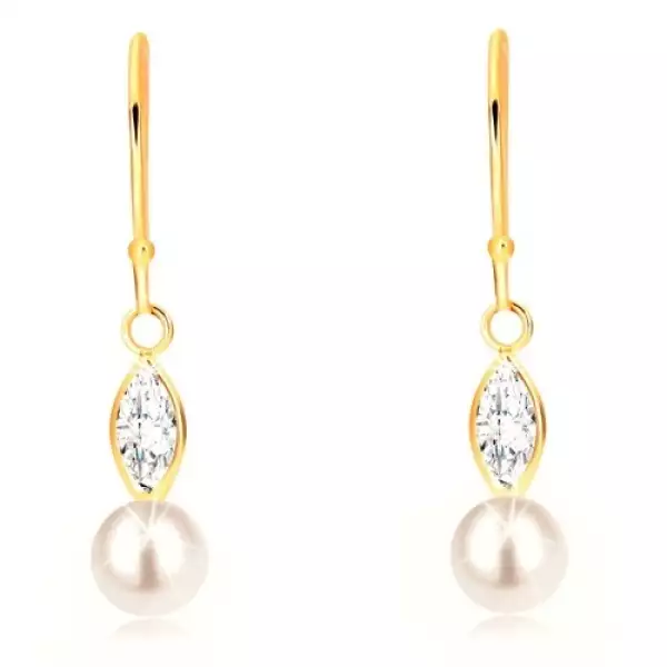 9K sárga arany fülbevaló - csillogó cirkóniák, fehér gyöngy