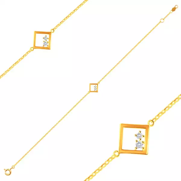 9K sárga arany karkötő  - lapos szemek és medál fényes körvonala egy rombusz két cirkónia