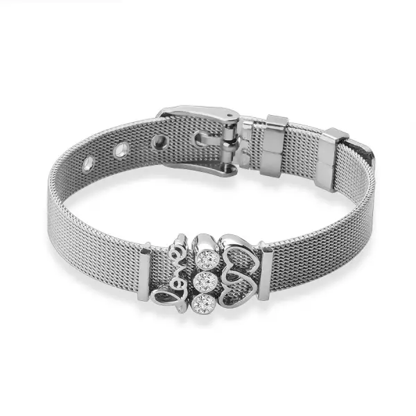 316L acélból készült karkötő ezüst színben, összekötött szívekkel, cirkóniával és 