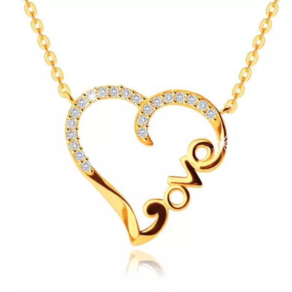 9K sárga arany nyaklánc -  szív alakú szalag és a 'Love' felirat, tiszta cirkóniák