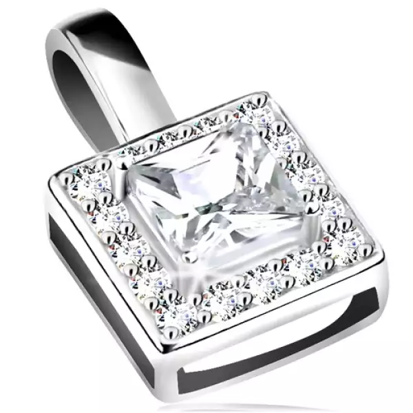Medál, 925 ezüst, csillogó négyzet körvonala, átlátszó csiszolt cirkónia középen