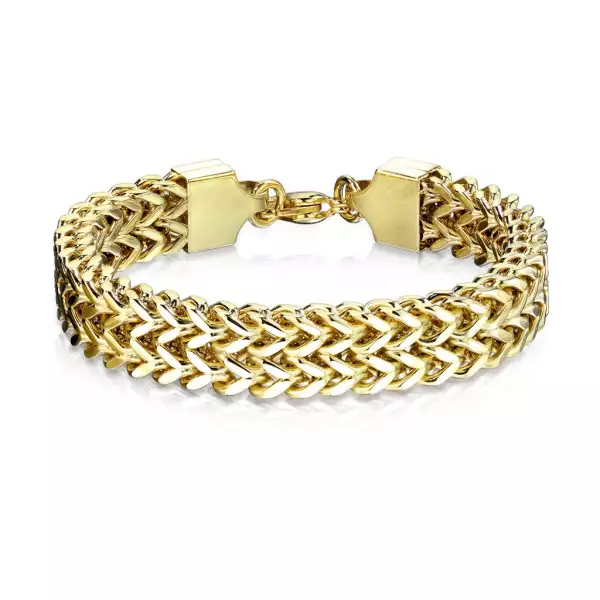 Acél karkötő arany színben -csiszolt kerek láncszemek két sorban, homár karom zár, 12 mm - Hossz: 210 mm