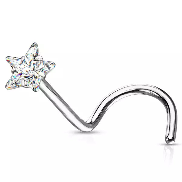  316L acél ívelt orr piercing- apró cirkónia ötágú csillag alakú, 3 mm
