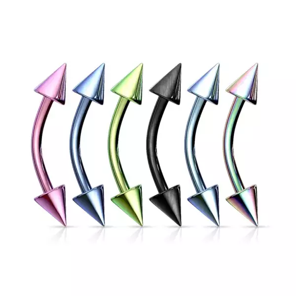  316L acél szemöldök piercing tüskékkel - PVD bevonat technológia, szélesség 1,6 mm, hosszúság 8 mm - Szín: Világoskék