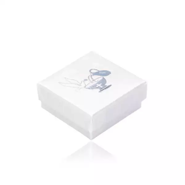 Fényes díszdoboz gyöngyház fehér színben - kehely, korsó, galamb, ezüst színű minta