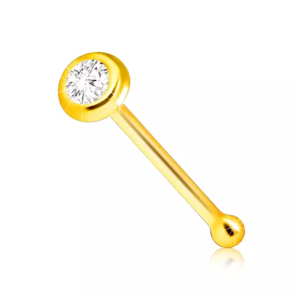  9K sárga arany egyenes orr piercing - átlátszó, csillogó cirkónia tartóban