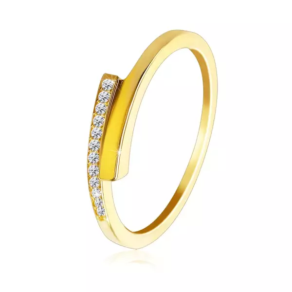 375 sárga arany gyűrű - elágazó, vékony, fényes vállak, cirkónia sáv - Nagyság_ 52