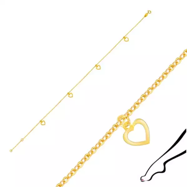 9K sárga arany bokalánc - kivágott szívecskékkel, ovális láncszemekkel