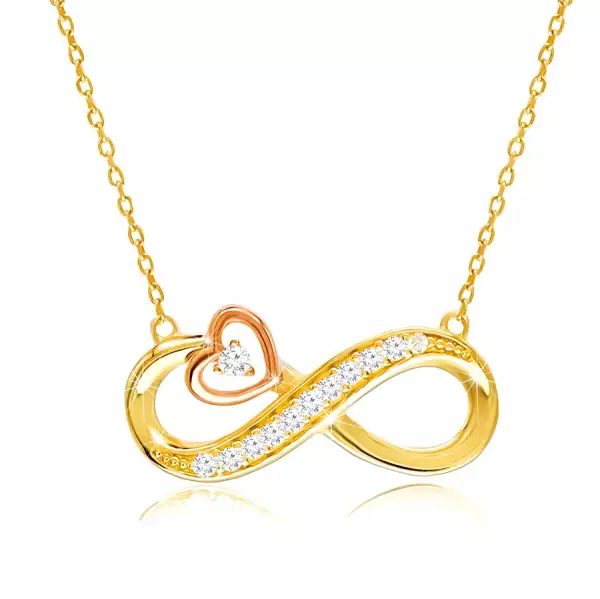 Kombinált 14K arany gyémánt nyaklánc - végtelen szimbólum, szív kontúr, briliánsok