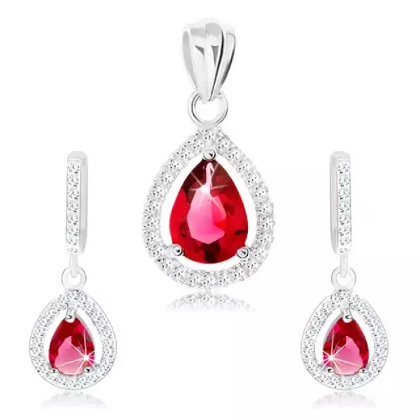 925 ezüst szett - fülbevaló és medál, piros cirkóniás könnycsepp kerettel