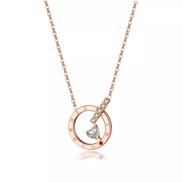 Acél nyaklánc réz színben - gyűrű római számokkal, cirkónia szívvel
