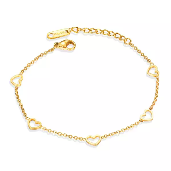 Acél karkötő arany színben, asszimetrikus szív kontúrral, ovális láncszemekkel