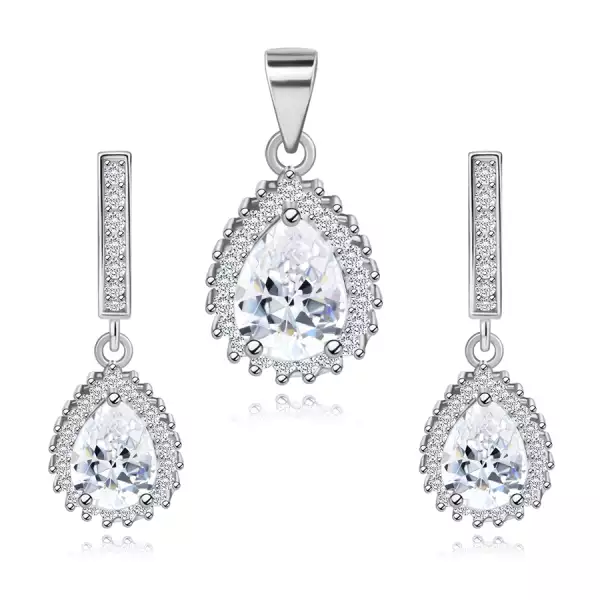 925 ezüst szett, fülbevaló és medál, cirkóniás könnycsepp, csillogó keret