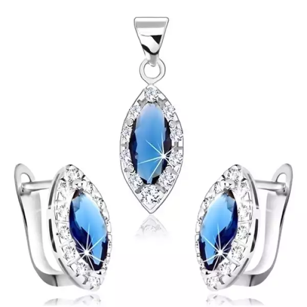 Szett 925 ezüstből, fülbevaló és medál, kék cirkóniás magszem, átlátszó keret