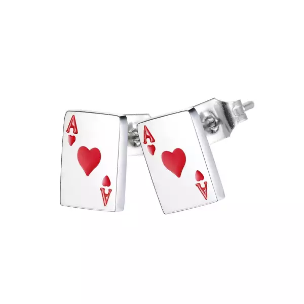 316L acél fülbevaló - kártyajáték motívum, kőr ász piros mázzal