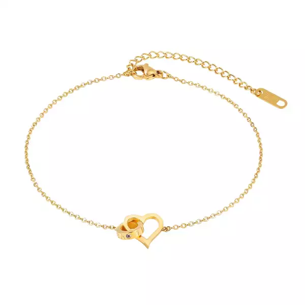  316L acél lánc, csuklóra vagy bokára- szív kontúrral és feliratos gyűrűvel, kerek cirkóniával