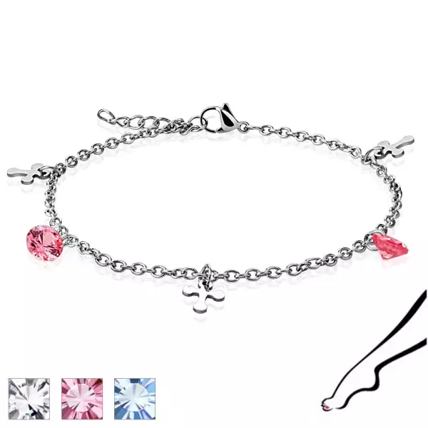 Acél lánc, csuklóra vagy bokára ezüst színben – keresztek, kerek cirkóniák különböző színekben - Szín: Rózsaszín