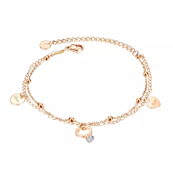 316L Acél dupla karkötő – gyűrű, szív, kör, LOVE, réz színű