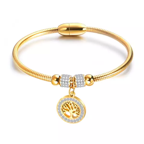 Kerek acél karkötő - életfa, átlátszó cirkóniák , arany színben