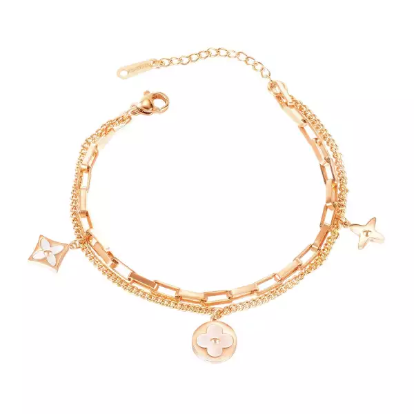 Acél dupla karkötő réz színben - gyöngyházfényű virágok, egy csillag