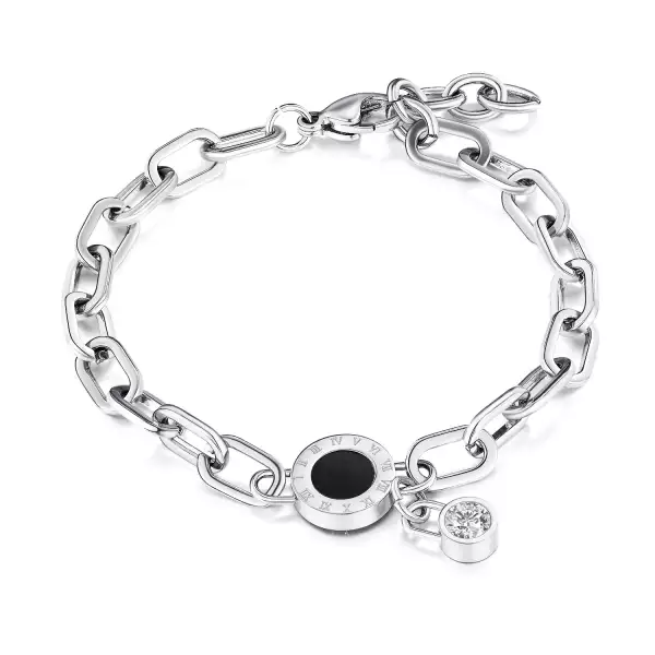 Acél karkötő – fekete közepével és római számokkal ellátott karika, cirkónia lakat