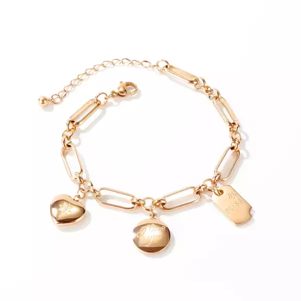 316L acél karkötő, réz színben - egy szív, egy kör és egy téglalap gravírozással