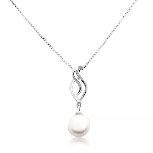 925 ezüst nyaklánc, lánc és medál - hullámos levél és fehér gyöngy