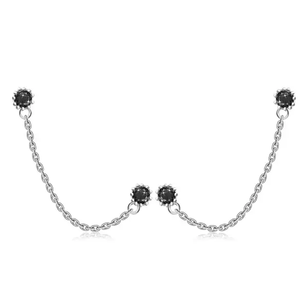 925 ezüst dupla fülbevaló  - egy virág fekete cirkóniával, lánccal, stekkerzárral