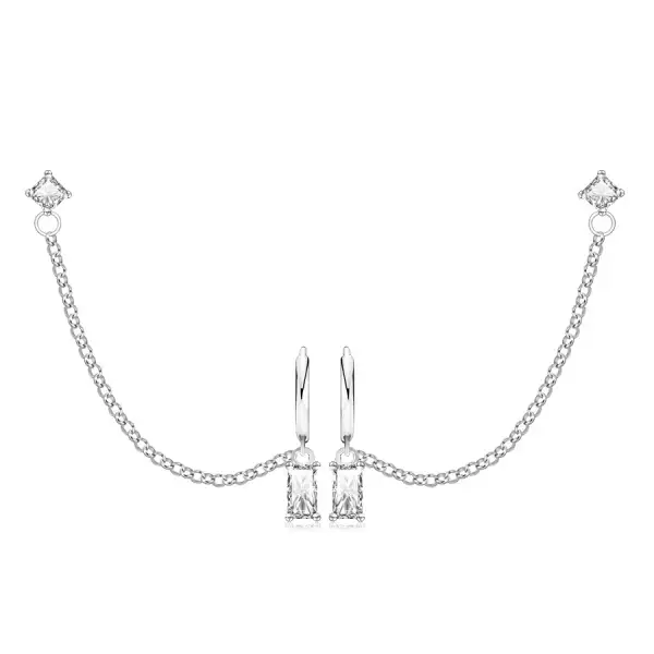 925 ezüst dupla fülbevaló - szögletes átlátszó cirkóniák, csőzáras karika és egy stekkerzár