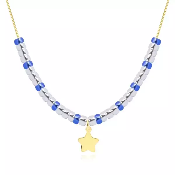 9K arany nyaklánc - lapos csillag, átlátszó és kék kristályokkal