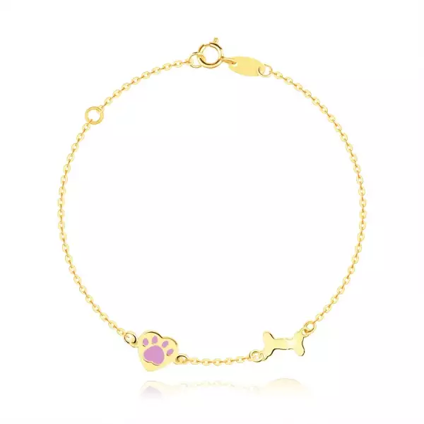 9K arany gyermek karkötő - egy kutyacsont és egy szív mancs nyommal