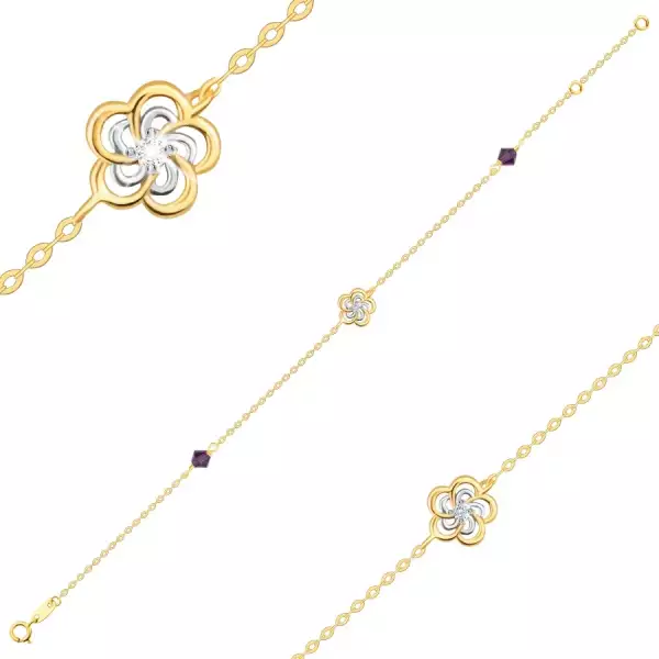 585 Kombinált arany karkötő - kétszínű virág, ametiszt színű Swarovski kristályok