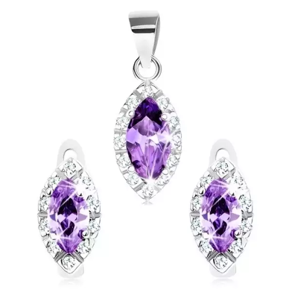 925 ezüst szett - medál, fülbevaló, lila cirkónia, apró átlátszó cirkóniák