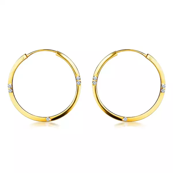14K sárga arany fülbevaló - karikák, szögletes szár, átlátszó cirkóniák, 19 mm