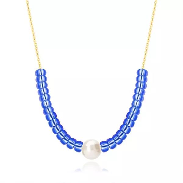9K sárga arany nyaklánc - fehér tenyésztett gyöngy, kék kövek