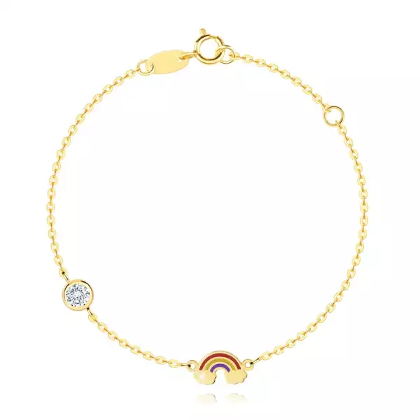 585 Sárga arany gyermek karkötő - színes szivárvány, felhők, átlátszó cirkóniák