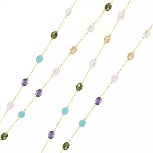 Hosszú nyaklánc 585 sárga aranyból - színes ovális cirkóniák, 1100mm