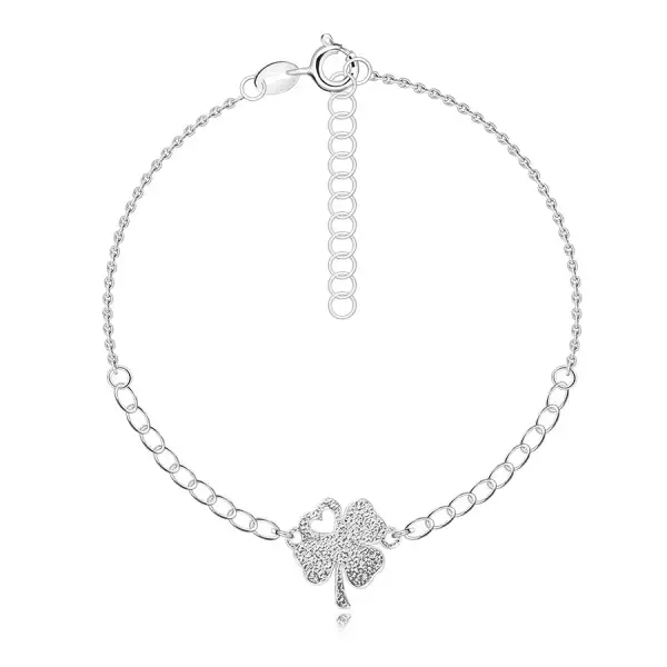 925 ezüst  karkötő - négylevelű lóhere szívvel, strukturált felülettel, állítható hosszúsággal