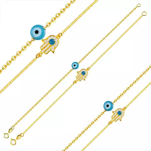 925 ezüst karkötő szett – arany színű, két karkötő, Fatima szem, Fatima kéz, topáz, cirkónia