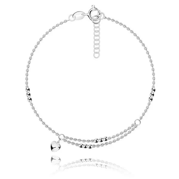 925 Ezüst karkötő - állítható, rövid dupla lánc, sima szív, fényes gyöngyök