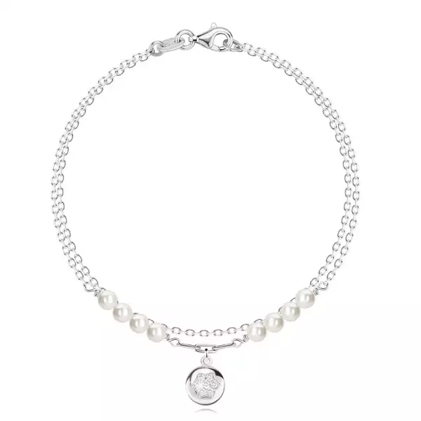 Dupla 925 ezüst karkötő - fehér szintetikus gyöngy, korong, cirkónia csillag