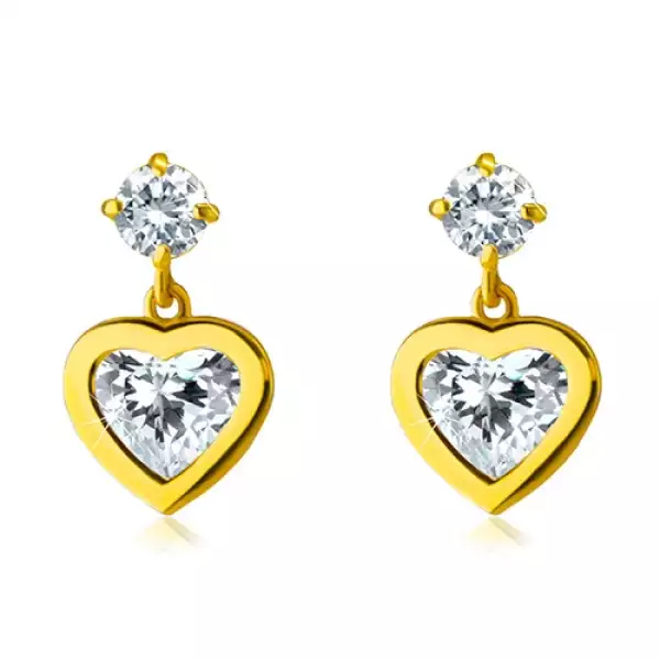 9K sárga arany bedugós fülbevaló - szív alakú cirkónia foglalatban, kerek átlátszó cirkónia