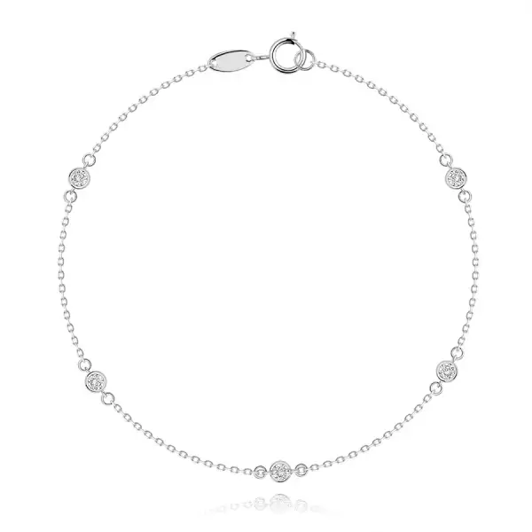 14K fehér arany karkötő - kerek átlátszó cirkóniák, ferde láncszemek
