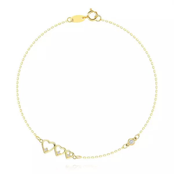 14K sárga arany karkötő - csökkenő szívek, átlátszó cirkóniák, finom lánc